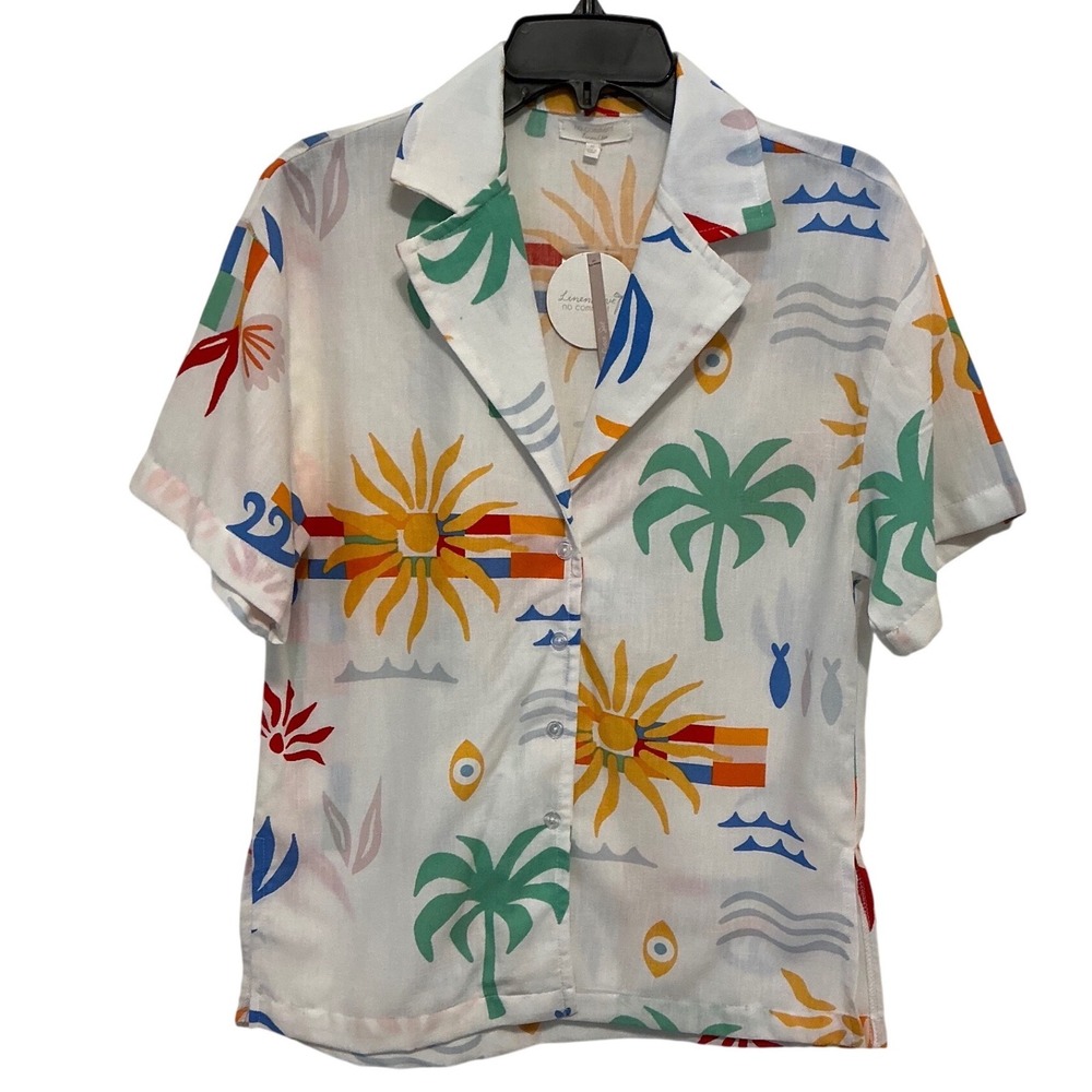 No Comment Womens Tropical Abstract Sun Palm Tree Button Down Shirt White Size M